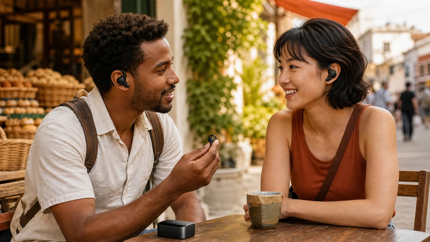 Translation earbuds for a face-to-face travel conversation